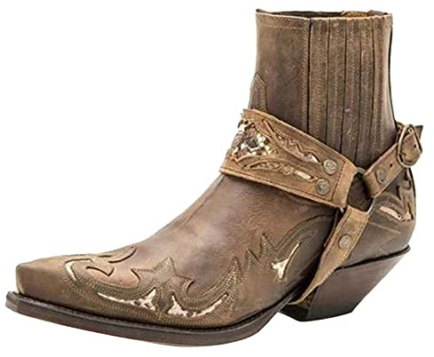 Stivali da moto da uomo Western Cowboy Stivaletti Retro a punta tacco basso in pelle Stivali da motociclista Stivali Hort Stivali da cavallo, D Kaki 01, 38 EU