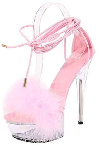 15CM / 5.91IN Damenmode Persönlichkeit runder Kopf Feder schmücken Fersen offene Zehen Plattform Schnalle Riemchen High Heels Sandalen Pumps Pole Dancer Stripper Party,Rosa,42 EU