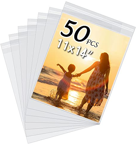 50 Pack Acid-Free Crystal Clear Sleeves Storage Bags for 11x14 Art Prints/Pictures/Photos/Framing Mat Mattes (Bag Size: 11 3/7x14 3/8)