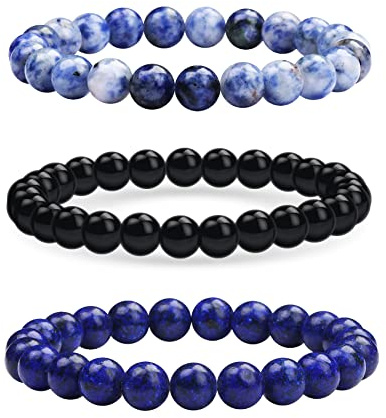 GIEIWIW 3 Pcs Beaded Bracelets Gorgeous Semi-Precious Gemstones Stretch Crystal Bead Bracelet Healing Bracelets for Women Men Fashion Jewelry Gifts（Blue）