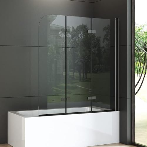 Duschwand für Badewanne 120x140cm 3-teilig Schwarz Duschabtrennung Faltbar, Glas Badewannenaufsatz 120cm Duschtrennwand, Badewannenwand mit 6mm ESG NANO Sicherheitsglas