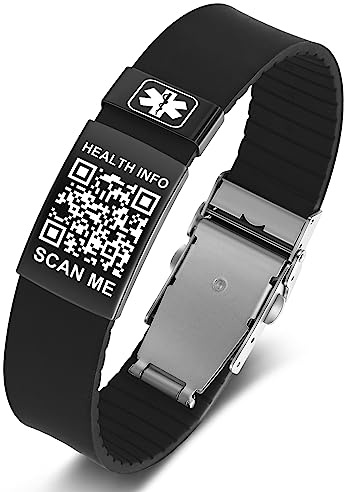 Theluckytag Medizinisches Armband mit QR-Code-Notfall-ID, aus Silikon, wasserdicht, passt bis 22,9 cm Handgelenk, Notfallinfo, mehr Platz, für Sport, Jungen/Mädchen/Damen/Herren