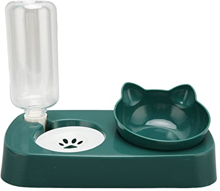Wasser- und Futternapf-Set, Erhöhte Hunde- und Katzennäpfe mit Automatischer Trinkflasche, 2-in-1 Abnehmbarer Katzenfutterspender mit Nass- und Trockenfutternapf für Katzen und Kleine(Dunkelgrün)