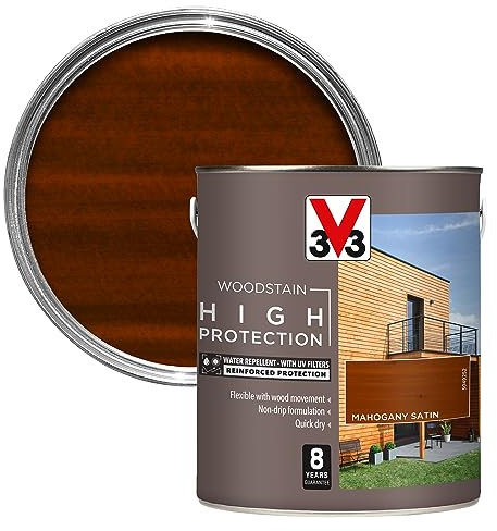 V33 High Protection Woodstain - 8-Year Guarantee - UV Filters - Water-Repellent - Quick-Drying - Only 2 Coats - Mahogany 2.5 litres