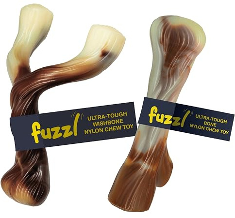 Fuzzl ultratålig nylon hund tuggleksak – nyckelben och ben, nötköttdoft, kraftig, vattentålig, stor ras, 2 st