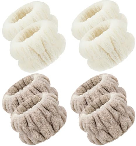 4 Pares Muñequeras de SPA Absorbentes Muñequeras de Lavar Cara Banda de Lavado de Muñeca Pulsera de Microfibra Coletero de Toalla para Mujer Evitar Líquido se Derrame (Beige, Caqui, Estilo Clásico)