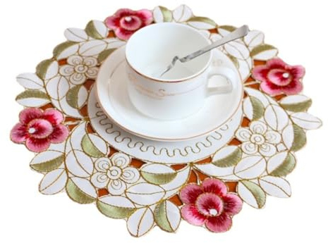 4 Stück Retro Spitze Tischsets,Dekor Makramee Untersetzer,Bestickt Blume | Runde Deckchen Untersetzer Vase Matte,zum Küche Wohnzimmer Dekoratio,für Hotels,Büros,Cafés,Restaurants,25cm,Grün