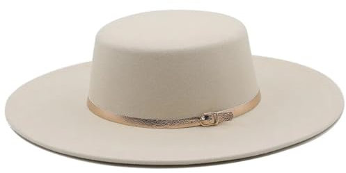 Suwequest Fedoras Fascinator für Damen, modisch, große Krempe, flache Oberseite, Filz, Vintage-Hut für Damen, beige, 6 7/8-7 1/8