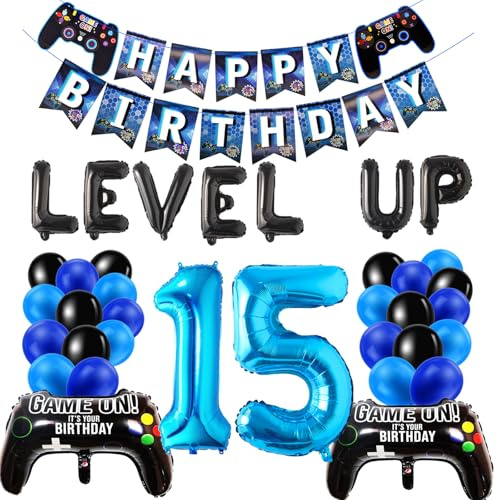 15 Geburtstag Junge Deko, Videospiel Luftballon 15. Geburtstag Blau, Gamer Geburtstagsdeko 15 jahre Junge, Schwarz Blau Ballons Zahl 15 Folienballon für Kinder Jungen Party Dekoration