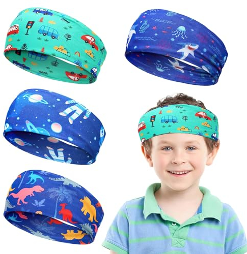 Stirnband Kinder 4 Stück Schweißband Stirn Stirnbänder Sport Jungen Atmungsaktiv Sommer Sportstirnband für Laufen,Jogging, Rad, Trainieren, Fußball (Cartoon)