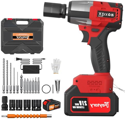 21V Brushless Cordless Impact Wrench Car Repair Wheel Nut Gun 420 N.M High Torque Electric Impact Gun Power Wrench Electric Cordless Driver with 4 Sockets, 12 Driver Bits, Battery for Car Home, Red