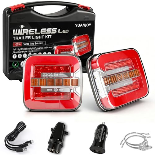 Yuanjoy kabellose LED Anhänger Rückleuchten Set Akku 12/24V | Rückleuchten Set 2.4GHz Fernbedienung 7-Pin Magnetfuß IP65 Wasserdicht ECE R10 Stahlseil für Anhänger Traktor Wohnwagen