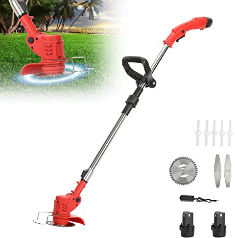 Débroussailleuse Electrique sans Fil 2.0Ah Coupe Bordure avec 2 Batterie et Chargeur Taille Bordure avec Roues & avec 3 Type De Lames, Pliage Rétractable Tête Pivotante 90°pour Jardin Élagage (Rouge)