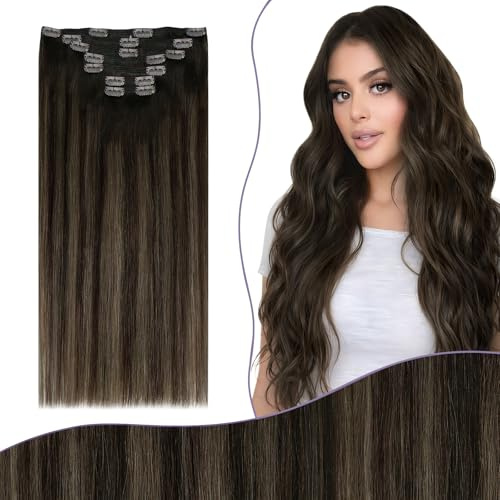 Fshine Extensiones Pelo Natural Clip 135G 45cm 7Pcs Marrón Oscuro A Marrón Claro Reflejos Marrón Oscuros Extensiones Clip Añadir Volumen Full Head Human Hair Extensions Clip in Color 2 8 2 | Extensiones Naturales Clip, Sin Necesidad De Calor Ni Pegamento, Puntas Abundantes, PráCtica Para Viajar