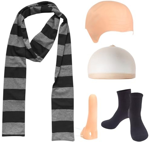 Carreuty 5 Pcs Halloween Costumes Movie Fancy Dress For Kids Adults, Gru Costume with Bald Cap Fake Nose Wig Cap Striped Scarf Black Socks for Halloween and Carnival Fancy Dress World Book Day