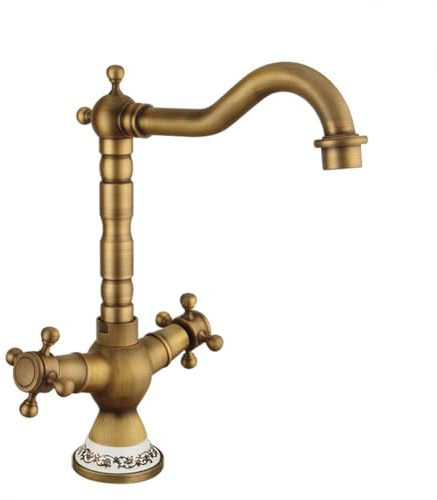 Wasserhahn Bad Waschtischarmatur Retro Antik Stil 360° Drehbar Messing Zweigriff Mischbatterie Waschbecken Armatur, Badarmatur Waschtischbatterie Badezimmer, Bronze