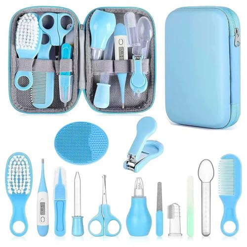 Qunlions life Baby Gesundheitswesen und Pflegeset, Säuglingssicherheitspflege Set mit Haarbürste, Kamm, Nagelknipser, Baby Essentials Kit für Neugeborene Mädchen Jungen (Blau 14 in 1)
