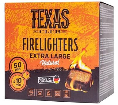 TEXAS CLUB - Accendifuoco Ecologico Extra Large per Barbecue, Caminetti, Stufe, Affumicatori e Griglie, Legno Imbevuto di Cera Naturale, Inodore, Accensione Rapida, 50 Pezzi