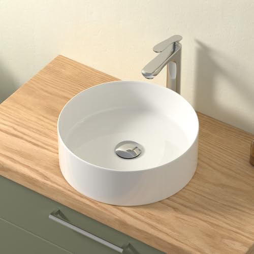 CASAMO Waschbecken Rund, Aufsatzwaschbecken Klein, Handwaschbecken in elegantem, pflegeleichtem Design für Bad & Gäste-WC (Weiß Hochglanz, 39,5 x 39,5 x13 cm)