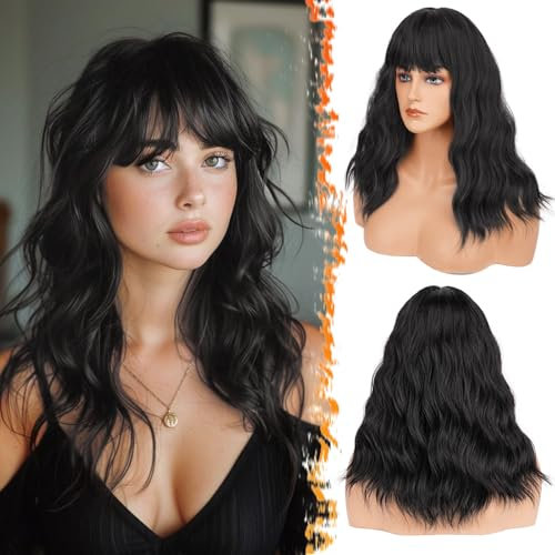 BARSDAR 46cm Ondulato Nero Parrucche con Frangia, Lunga Ondulato Parrucca con Frangia per Donna Naturali Sintetici Parrucche Resistenti al Calore Capelli Quotidiano Parrucca - Naturali Nero