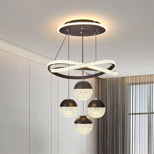 LED Pendant Light, 90W Creative LED Crystal Chandelier, Dimmable Dining Table Lights, Gold Pendant Light Ceiling Light Hanging Acrylic for Kitchen Island, Dining Room, Bedroom, Hallway (Black)