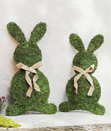 Dekoleidenschaft 2X Dekofigur Moos Naturmoos auf Metall, große Osterhasen, 46 + 52 cm hoch, Osterdeko, Moosdeko, Osterfigur