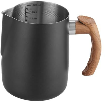 Jarra de vapor para espumar leche, taza de espuma de leche para café con mango de madera (negro, 900 ml)
