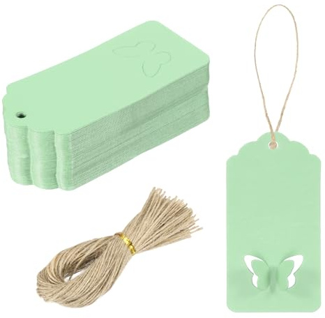QUARKZMAN 100Pcs Etichette Regalo in Carta Kraft con Cordino, 3.5 x 1.6 Inch Etichette Appese a Forma d’Onda In Carta Verde Chiaro Per Prezzo, Fai Da Te Artigianato
