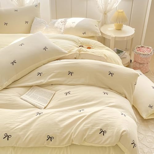 Covebett Housse de Couette 140x200 Blanc et Jaune Nœud Papillon Mignon Réversible Parure de Lit Kawaii Adulte 1 Personne Microfibre Linge de lit avec Fermeture Éclair et 1 Taies d'oreiller 65x65cm