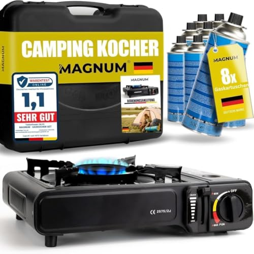 MAGNUM® Gaskocher inkl. 8 Kartuschen - Campingkocher mit Piezozündung - Camping Gaskocher stufenlos regulierbar - Gaskocher Camping 1-Flammig | Campingkocher | Testnote sehr gut | Camping Gaskocher | Piezozündung | 2,1 kW | Transportkoffer | Made in Europe Gas