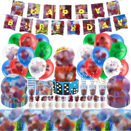Geburtstagsdeko Jungen- Spider Pappteller Kindergeburtstag Geburtstag Geschirr Set Partygeschirr Party Deko Tischdecke Servietten Teller und Becher Luftballon Banner Tortendeko