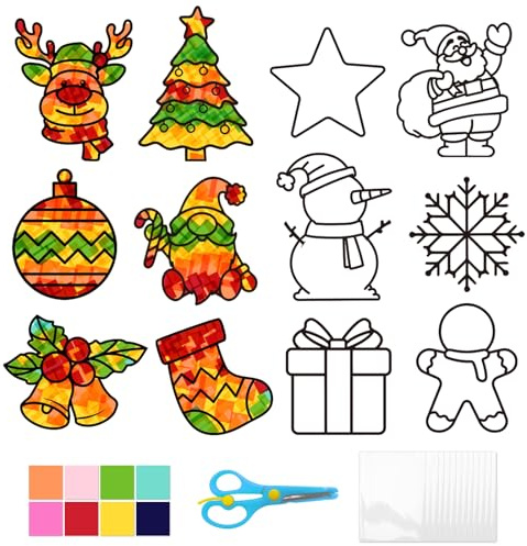 12 Stück Fensterbilder Weihnachten Kinder Basteln 3 4 5 6 7 8 Jahre, Weihnachtsfensterbilder Weihnachtsbasteln mit Kindern, Window Color Set Kinder Weihnachten