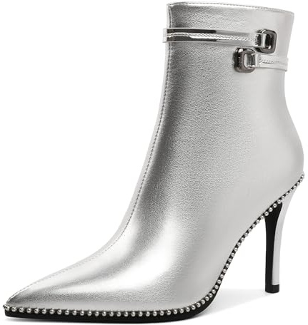 Soireelady Women's High Heel Ankle Boots Beaded Boots Pointed Toe Stilettos Thin Heel Short Booties Side Zipper Boot 4 Inches Matte Silver US Size 8.5