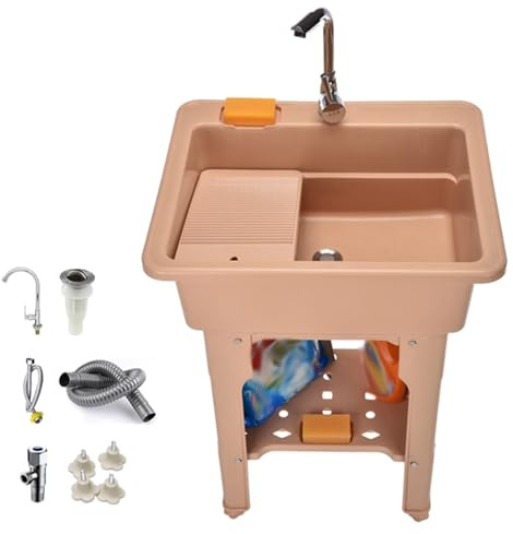 Lavatoio da Esterno in Resina con Asse da Bucato, Lavatoio Lavanderia Indipendenti con Rubinetto, Valvole e Tubo di Scarico, Portante 200 Kg, per Lavanderia, Cantina, Garage(Beige,65 * 56 * 80cm)
