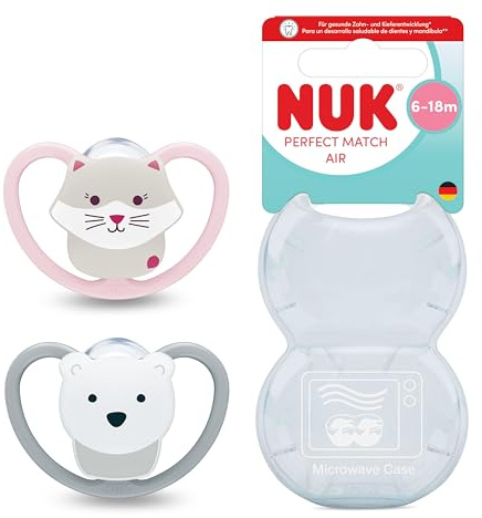 NUK Perfect Match Air Baby Schnuller | 6-18 Monate | Orthodontische Schnuller, die Luftzirkulation fördern & Speichel-Ausschlag verhindern | 95% Baby-Akzeptanz** | Katze/Eisbär | 2 Stück