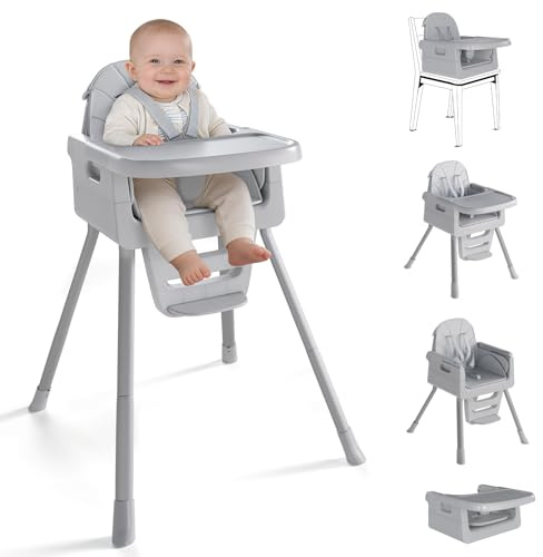EverKiddo Baby High Chair for 6 Months+, Foldable High Chairs for Babies and Toddlers, Convertible High Chair, Adjustable Tray & Footrest, Portable High Chair & Easy to Clean(Gray)