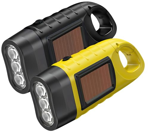 2 PCS Wind Up Solar Torch UK Led Rechargeable Camping Flashlight Hand Crank | Solar Powered Torch Super Bright Portable Survival Emergency Kit Small Dynamo Light with Carabiner Hook