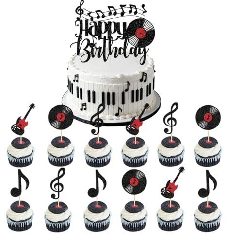 Juego de 13 piezas de decoración para tartas con temática musical con guitarras brillantes y partituras, perfecto para tartas de bautizo, tartas de boda, fiestas de cumpleaños y decoraciones de fiesta