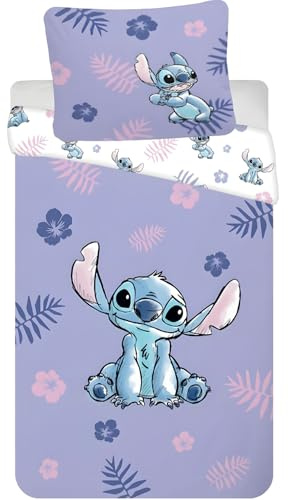 Disney Lilo & Stitch - Biancheria da letto double-face, 140 x 200 cm, federa 50 x 70 cm, 100% cotone, morbido e traspirante, motivo: Stitch per bambini
