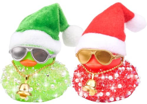 Mwmoeen Gummi Enten Auto Dekorationen, 2 Stück Weihnachten Gummi Ente Auto Armaturenbrett Dekorationen Mit Weihnachtsmütze und Einer Sonnenbrille und Mini Schal Passend für Auto, Haus Dekoration