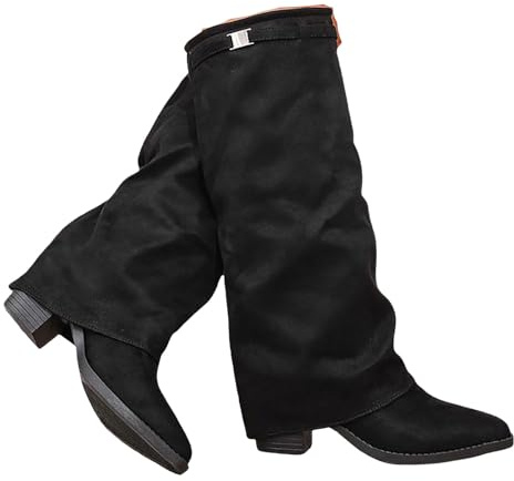 Womens Fold Over Knee High Boots Pointed Toe Chunky Block Heel Platform Long Boots Wide Calf Slouchy Pull On Dress Tall Booties Riding Biker Boot Shoes Fall Winter Footwear