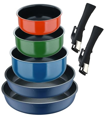 Set de 2 Sartenes Ø22Ø26cm Aluminio fundido Azul + 3 Cazos Ø16Ø18Ø20cm Aluminio prensado en 3 colores + 2 Mangos extraíbles Click&Cook Bergner