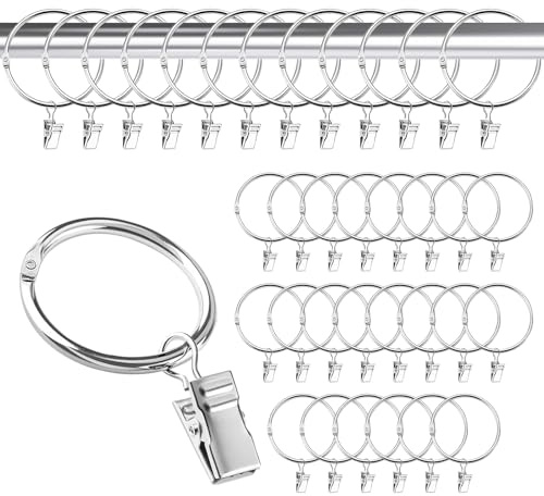 35 Stück Gardinenringe mit Clips (50mm) – Weiße Metall Vorhangringe mit Haken, Komplettset für Gardinenstange & Vorhänge, Edelstahl Ringe für Gardinenstange & Gardinen Ringe für Stange(Silber)