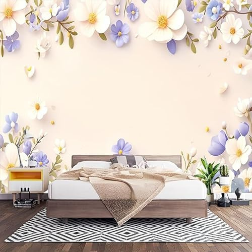 Carta da Parati Effetto 3d Fiori Bianchi Viola Decorazione Murale Panoramica Poster da Parete per Soggiorno Ufficio, Beige Fotomurali in TNT Antimuffa e Antistrappo 250x175 cm