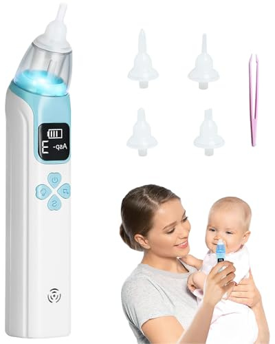 Baby Nasal Aspirator, HOVCEH Electric Snot Sucker for Babies Newborn Toddler, Nose Aspirator Baby with Music, Nasal Aspirator Baby with LED, Baby Nose Cleaner with 4 Silicone Tips, 1 Tweezers