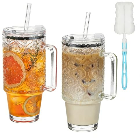 2Pcs 24Oz(730ml) Glass Tumbler with Straw & Lid - Reusable Iced Coffee Cup with Handle & Cup Brush Smoothie Glass Matcha Drinking Cup for Ice Coffee Juice Drink Milk Tea Cocktail Wedding Birthday Gift