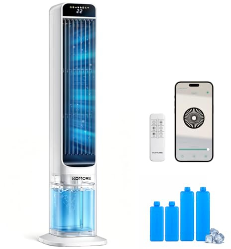 KOMORE 3-IN-1 Evaporative Air Cooler, 5L Tower Cooling Fan with 3 Modes 3 Speeds, 70°Oscillation, 4 Ice Packs Air Cooler with Remote/APP, 12H Timer, LED Display, Portable Cooler Fan for Bedroom Home