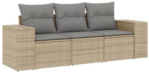 Foknhdi 3-TLG Gartensofa Poly Rattan Beige 55 x 62 x 69 cm mit abnehmbaren grauen Kissen UV-beständig und Robustes Material für Balkon Terrasse und kleine Innenhöfe