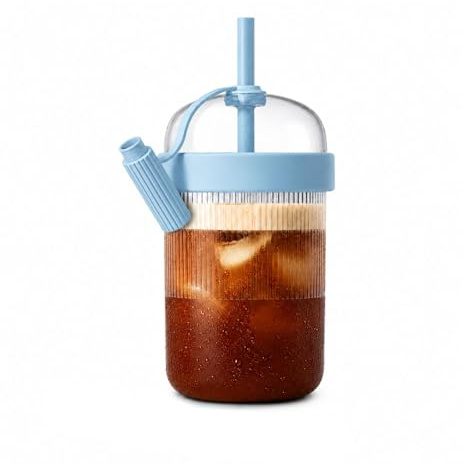Tumbler de Voyage 540ml Bleu avec Paille et Couvercle Anti-Fuite - Tasse Gobelet Mug Gourde Isotherme Tritan Sans BPA Café Glacé, Matcha Latte, Bubble Tea, Thé - Bleu Pastel + Goupillon Inclus