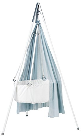 Leander Culla – Baby culla Bianco incl. Materasso e gancio da soffitto – con cielo (velo) Misty Blue + treppiede bianco